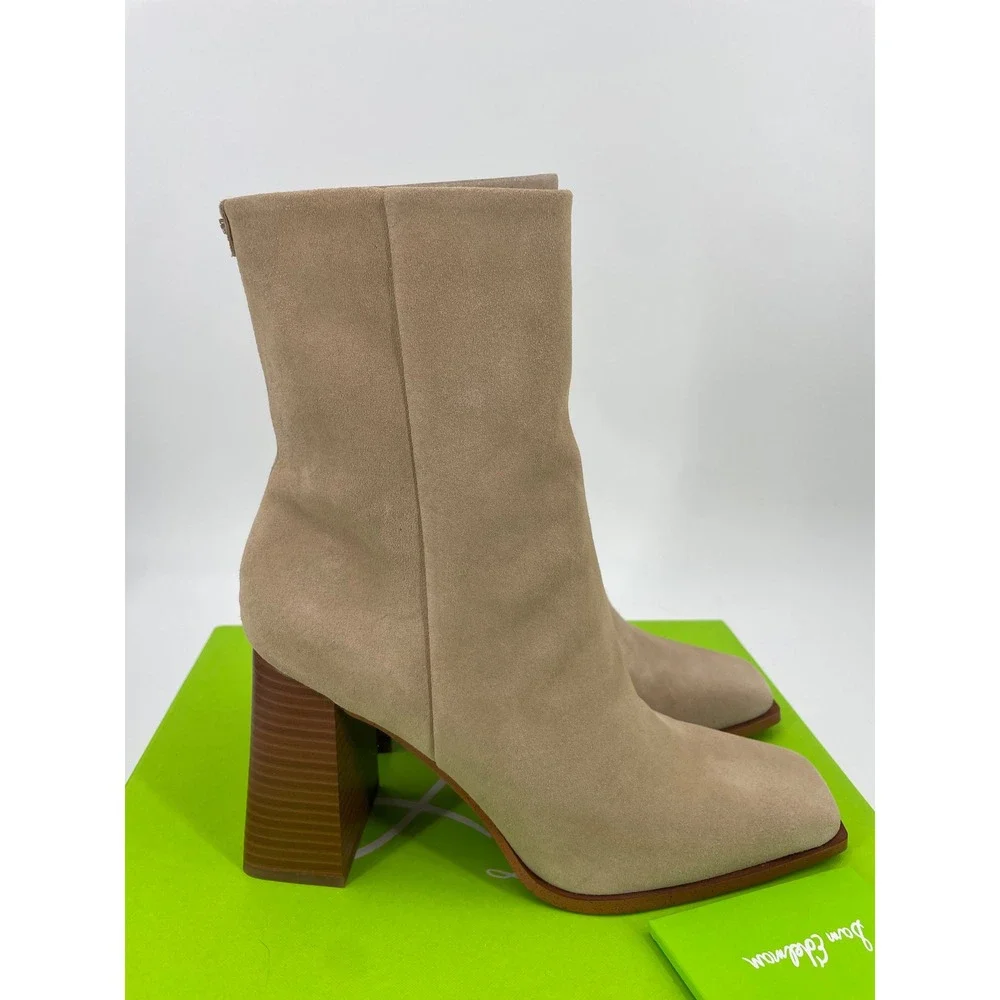 Sam Edelman Ivette Boot Women 9 Sesame Suede Square Toe Block Heel Chic Minimal